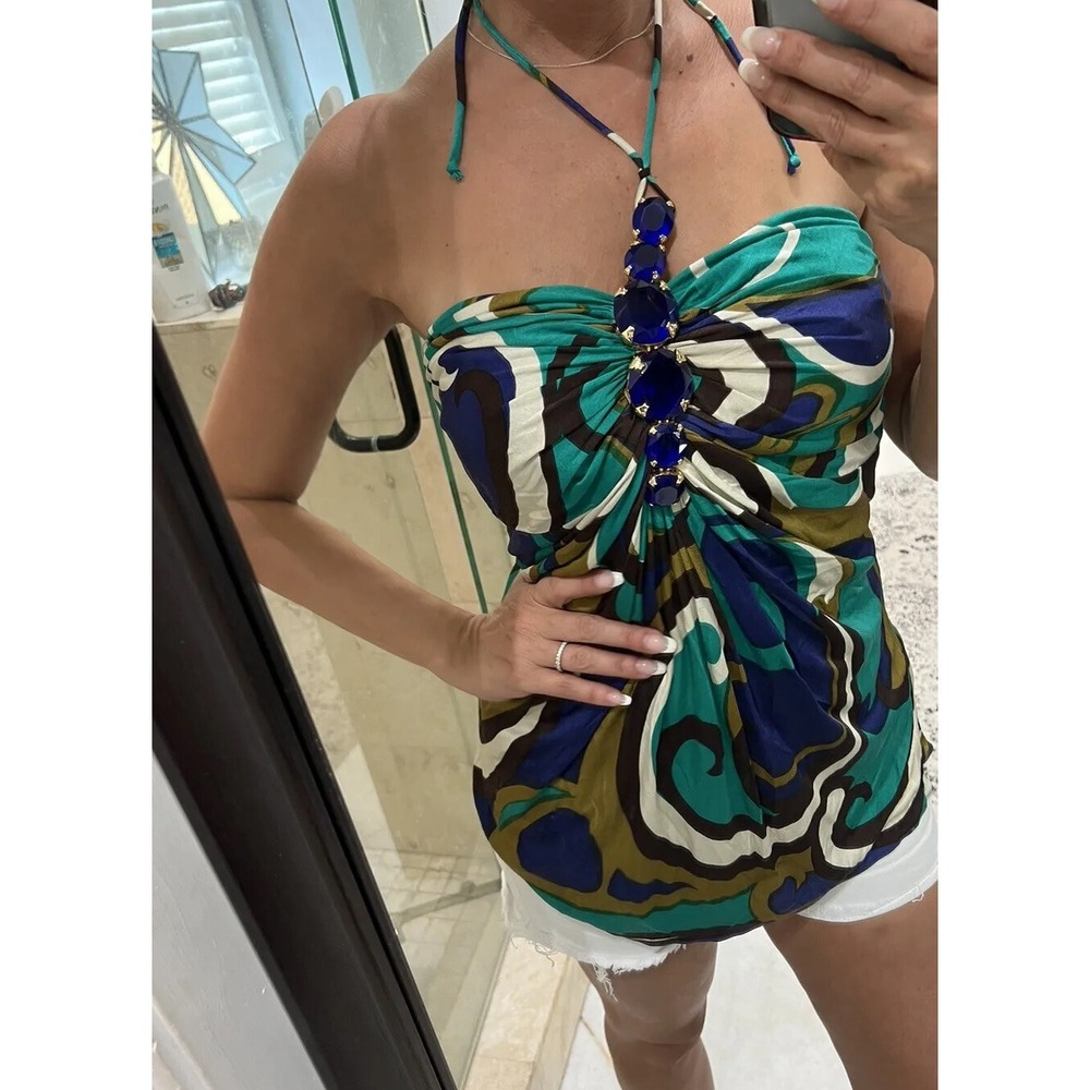 Sky Silk Halter Top Blue Jewel Accents Resort Night Club Multicolor Swirl L - Picture 2 of 10